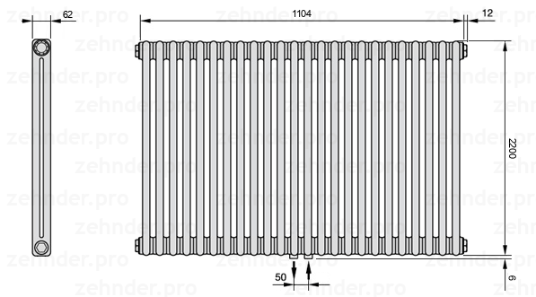 Схема (чертеж) Радиатор Zehnder Charleston 2220/24 №5410 Белый глянцевый RAL 9016